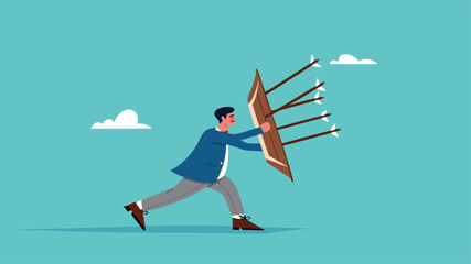 protection from threats, protects from Cyber ​​Threats to Businesses growth, protective shield company data security from cyber attacks, businessman uses a protective shield to ward off arrow attacks
