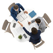 © Vector Boss - Four business people in suits collaborating around a white round table with documents and shaking hands isolated on transparent background