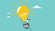 © LEAKAT - looking for business opportunities with knowledge, creative idea to see business opportunity, businesswoman riding a light bulb-shaped hot air balloon to observe business opportunities