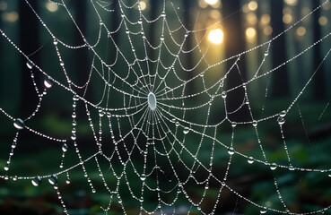 An intricate spiderweb with dewdrops hanging in a misty forest with morning light