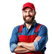 © sujon1638 - Smiling bearded man wearing red overalls and blue shirt with red cap isolated on transparent background