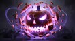 © Ace13 - A glowing, cracked Halloween pumpkin with an evil face explodes outwards with shards and purple energy.
