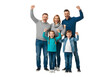 © Alaa stock - A joyful multi-generational family stands together, raising fists in triumph, celebrating success and unity on a bright white background, radiating pure happiness and collective achievement.