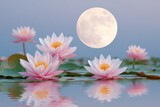 Pink water lilies blooming under full moon reflecting in tranquil pond