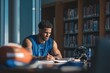 © GoshaMovies - Focused university athlete studying in a modern library, writing notes at a desk in soft evening light, showcasing dedication, discipline, and academic commitment