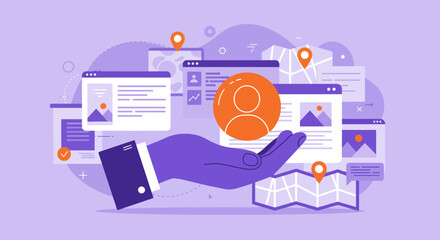 Digital marketing and data management concept with hand and user icons