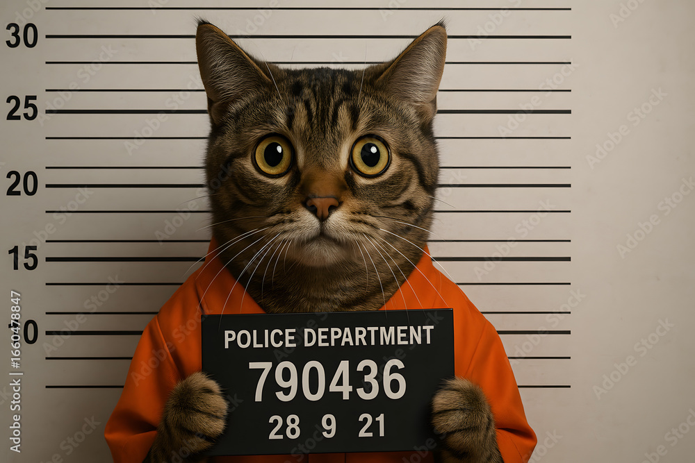 Funny cat mugshot holding police department sign in front of height ...
