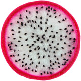 Exotic dragon fruit slice boasts vibrant pink rind and speckled white flesh detail