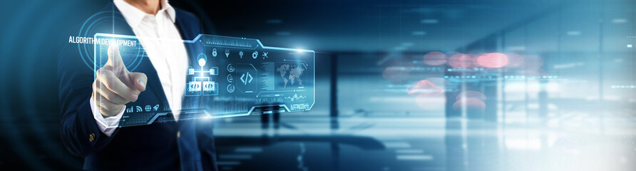 Businessman touching algorithm development on digital screen. data processing, computational models, predictive analytics, optimization techniques, innovative solutions, smart technology