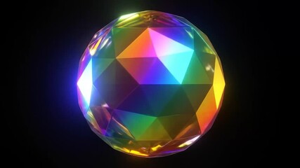 Iridescent Gemstone: Faceted Sphere with Rainbow Reflections on Black Background