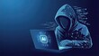 © Kazi - Anonymous hacker wearing a hooded sweatshirt intently working on a laptop displaying an ai logo with digital data streams flowing around them