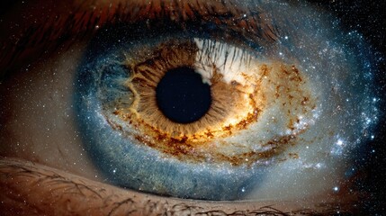 A Detailed Close Up Of A Human Eye Mirroring A Cosmic Galaxy Brown And Blue Iris, Surrounded By Glittering Stars And Nebulae Against A Dark