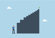 © Premium art - First step is hardest, depressed businessman looking at the first step of high success stairway.