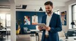© Naru - Modern Businessman Radiating Success - A successful businessman smiles while reviewing his tablet in a bright, modern office. The symbolizes progress, technology, achievement, optimism, and confidence