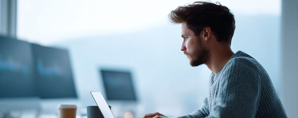 A focused man works on his laptop, monitors displaying data in the background. Reflects concentration, technology, and the modern work ethic. Ideal for business and tech themes.