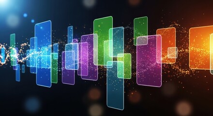 Digital Abstract: A vibrant display of digital data, with colorful rectangles and particle effects, swirling across a dark background. A visual representation of modern technology.