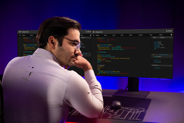 Smart IT developer working software development coding on pc screen pose on camera looking outside at back side view, thinking program update online website data at neon light cyber office. Surmise.
