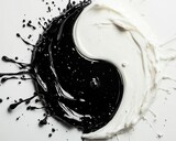 Dynamic Inky Swirls Forming Yin Yang Symbol on Creamy White Canvas