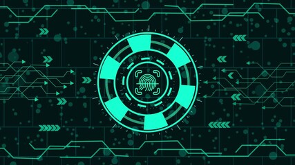 Wall Mural - Futuristic fingerprint scan on a digital interface with abstract circuit board patterns, ideal for illustrating cybersecurity, biometric authentication, and hightech access systems