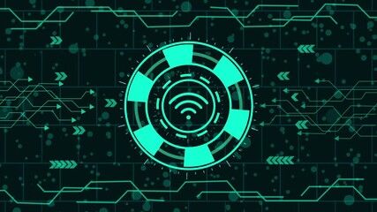 Futuristic technology background with a glowing wifi symbol, showcasing wireless connectivity and innovation in a modern, hightech design for digital applications