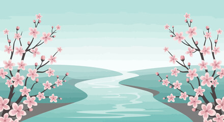 Elegant Cherry Blossom Landscape With River Illustration in Spring Season