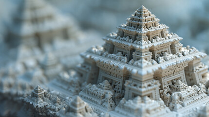 Close up of a detailed white fractal pyramid structure with blurred background architecture