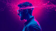 © sommersby - Futuristic portrait of man in neon-lit cyberspace, with digital neural network connections symbolizing augmented reality and data processing