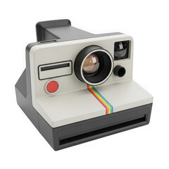 A classic vintage polaroid instant camera with its iconic rainbow stripe, isolated on a transparent background