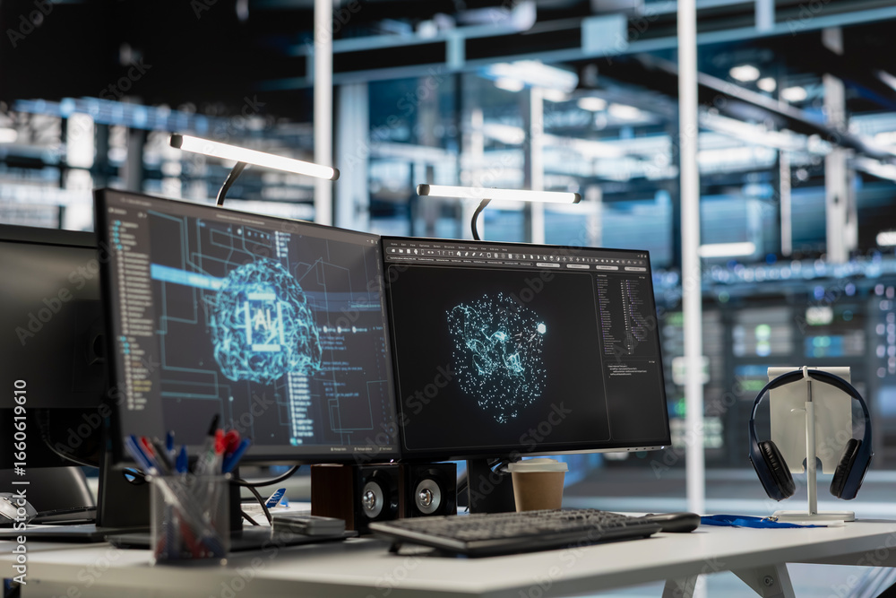 High Tech Features In Computer AI research workstation with monitors showing neural network ...