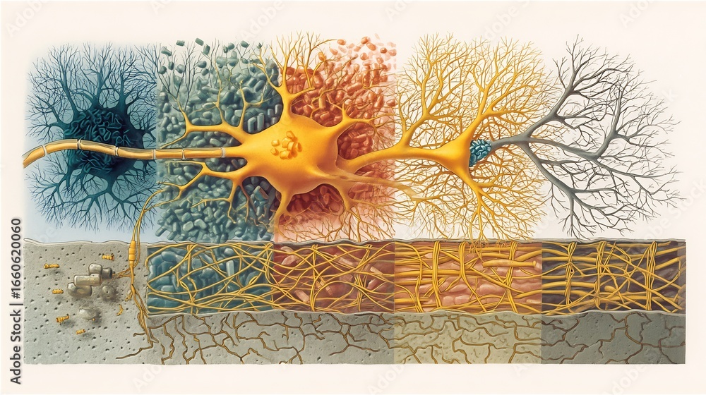 Alzheimers disease neuron illustration amyloid plaque tau tangles brain ...