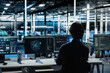 © DC Studio - Engineer monitoring AI LLM visualization in data center with rows of operational server racks. IT expert using PC to oversee rigs powering deep learning in server hub built for digital storage systems
