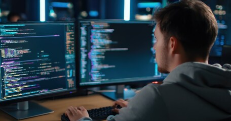 Software Developer Coding on Multiple Monitors, Creating Innovative Applications, and Debugging System Errors