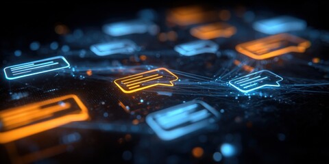 Futuristic Communication Network with Glowing Message Icons, Representing Digital Connection and Modern Technology