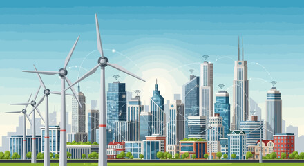 Sustainable Cityscape Featuring Renewable Energy Sources and Advanced Technology