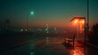 © gino - Empty bus stop with glowing light at foggy dawn