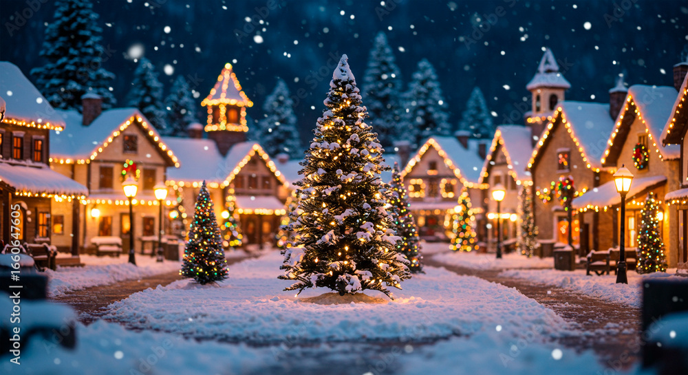 A charming snowy village decorated with Christmas lights at night ...