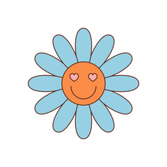 Wall Mural - Groovy retro flower sticker cartoon smile in orange and blue. Happy heart eyes with cute groovy element as playful symbol. Funky and y2k pop style for cheerful decorative use.