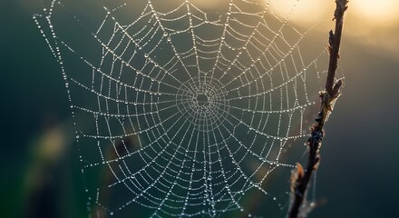 Intricate Spiderweb Glistening with Dewdrop Pearls at Sunrise