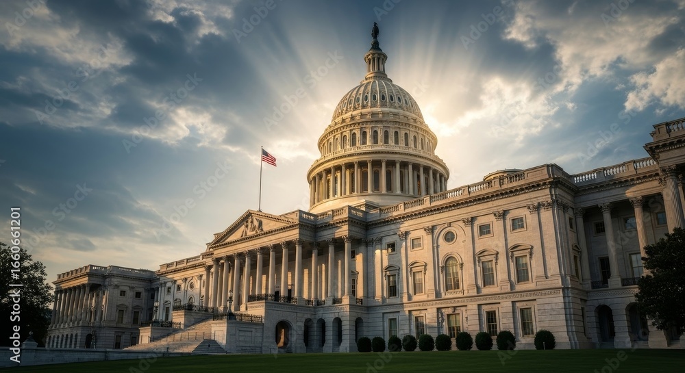 Political Image Building United States Capitol Building on sunset. Iconic dome and neoclassical architecture, symbolizing ...