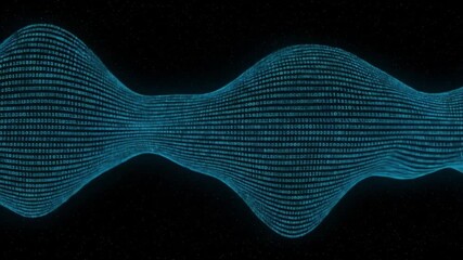 A sinuous blue digital wave composed of 0s  1s against a dark background dotted with tiny white specks
