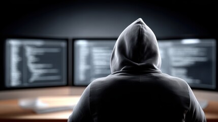 Dark hooded figure, viewed from behind, stares intently toward glowing digital screens. Individual is immersed within coding environment, likely focused on data cyber activities. Surveillance,