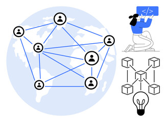Wall Mural - Network of user icons linked across the globe, blockchain structure, coding process, and bulb symbol. Ideal for innovation, connectivity, blockchain, coding, technology decentralization simple