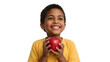 © Adi - Young boy joyfully presenting a vibrant red apple against a black backdrop
