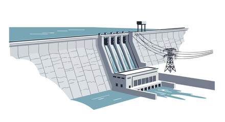 Illustration showcasing a large concrete dam structure designed for hydroelectric power generation and water management facilities