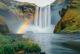 A majestic view of waterfall in Iceland, surrounded by lush green cliffs. The powerful cascade of water creates a misty atmosphere, with vibrant rainbows forming at the base. 