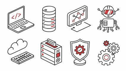 Collection of modern isometric technology icons representing coding cloud computing data storage artificial intelligence cybersecurity and networking concepts