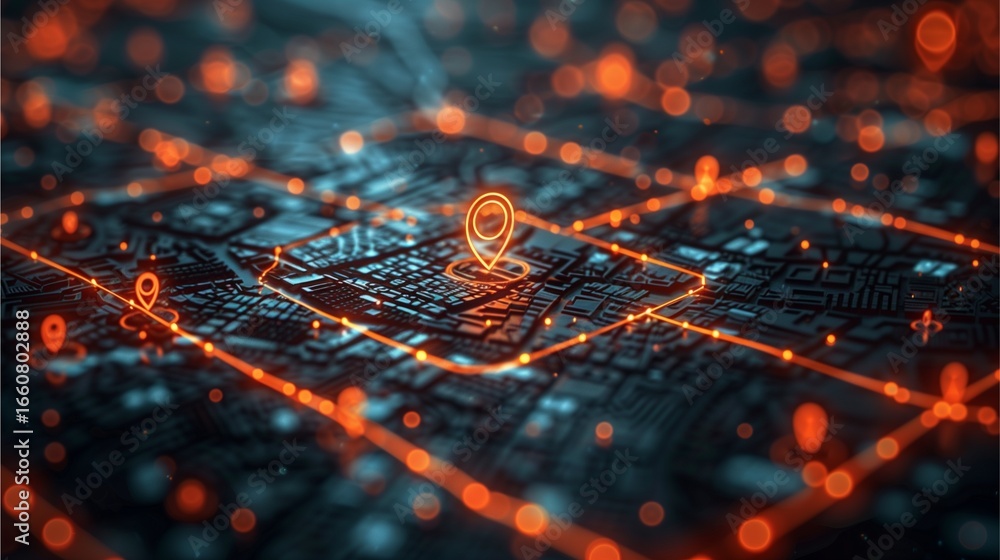 glowing orange location pins and lines on a digital map, symbolizing ...
