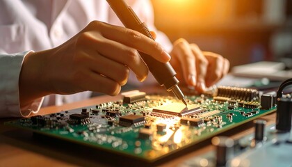 electronic components, showing the process of assembling, repairing, or developing sophisticated hardware in a modern laboratory or industrial environment.This image captures the essence of technology