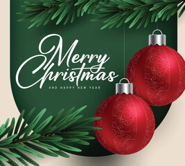 Wall Mural - merry christmas greeting card clipart poster design. red hanging xmas balls clip art with merry chri
