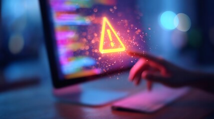 Hand touching monitor with warning symbol. Cyber threat and online security concept. Fraud and data breach icon.